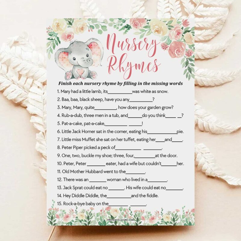 Girl Elephant Baby Shower Game Nursery Rhymes