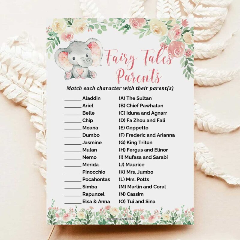 Girl Elephant Baby Shower Game Fairy Tales Parents Match