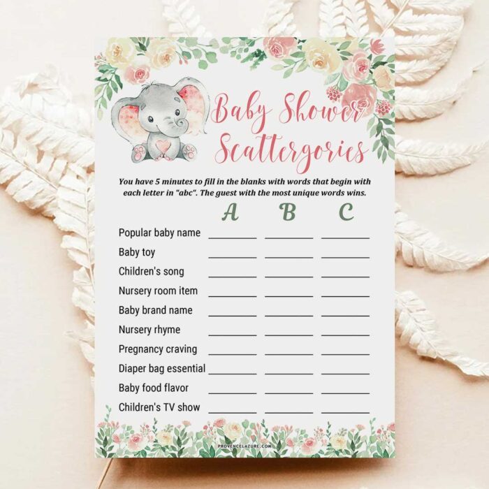 Girl Elephant Baby Shower Game Scattergories