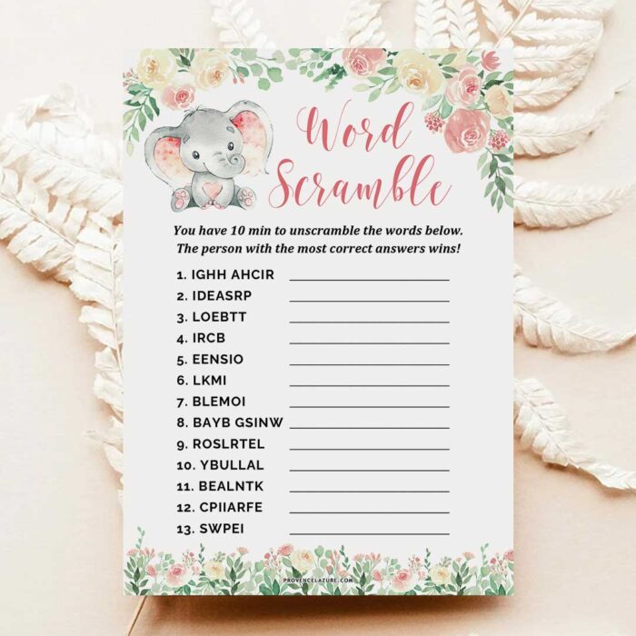 Girl Elephant Baby Shower Game Word Scramble