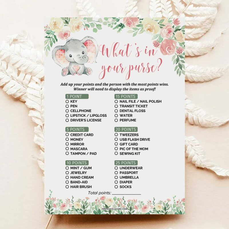 Girl Elephant Baby Shower Game Whats in Your Purse