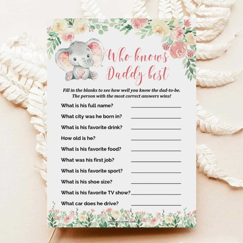 Girl Elephant Baby Shower Game Who Knows Daddy Best