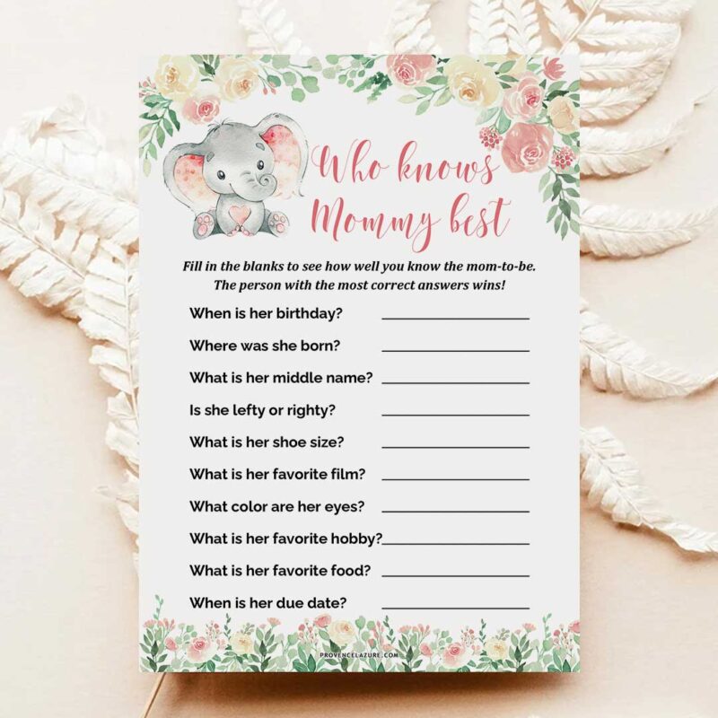 Girl Elephant Baby Shower Game Who Knows Mommy Best