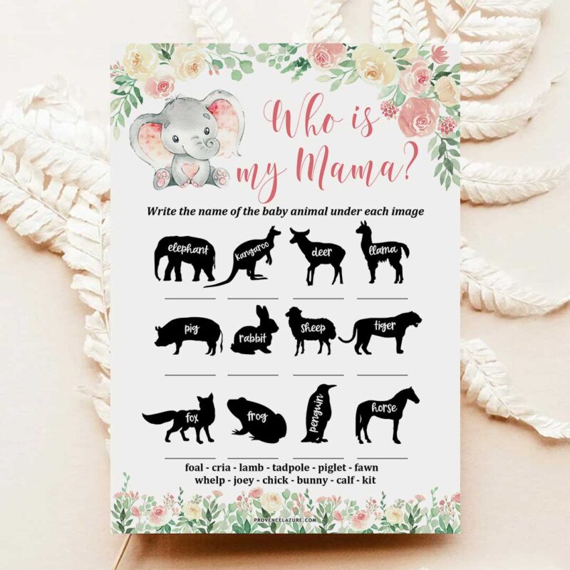 Girl Elephant Baby Shower Game Baby Animals