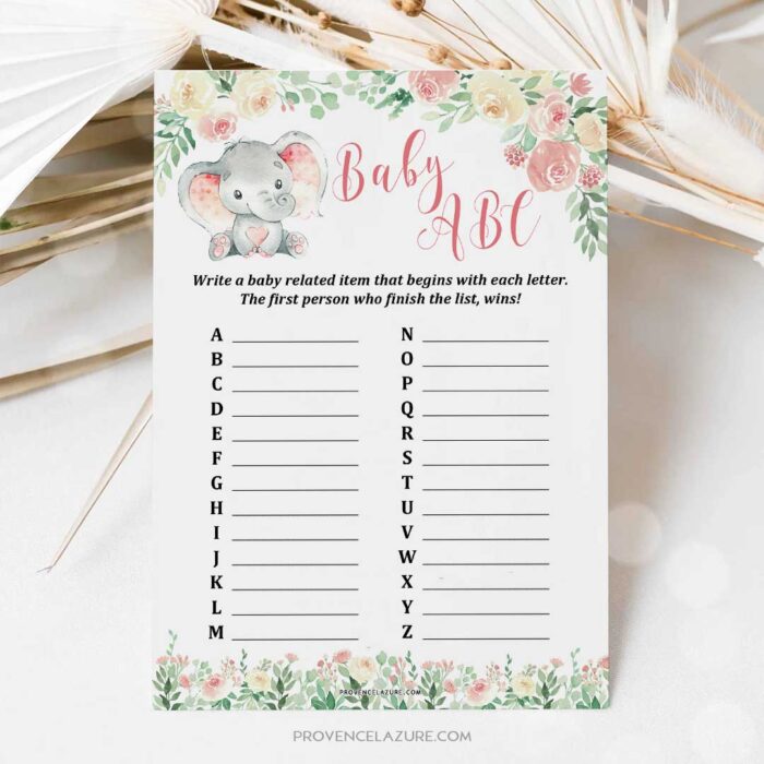 Girl Elephant Baby Shower Game Baby ABC Printable & Free bonus