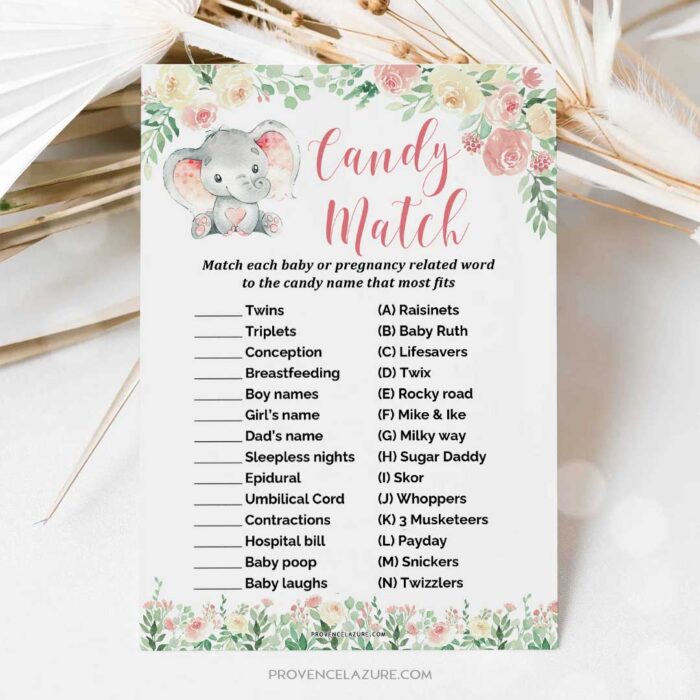 Girl Elephant Baby Shower Game Candy Match