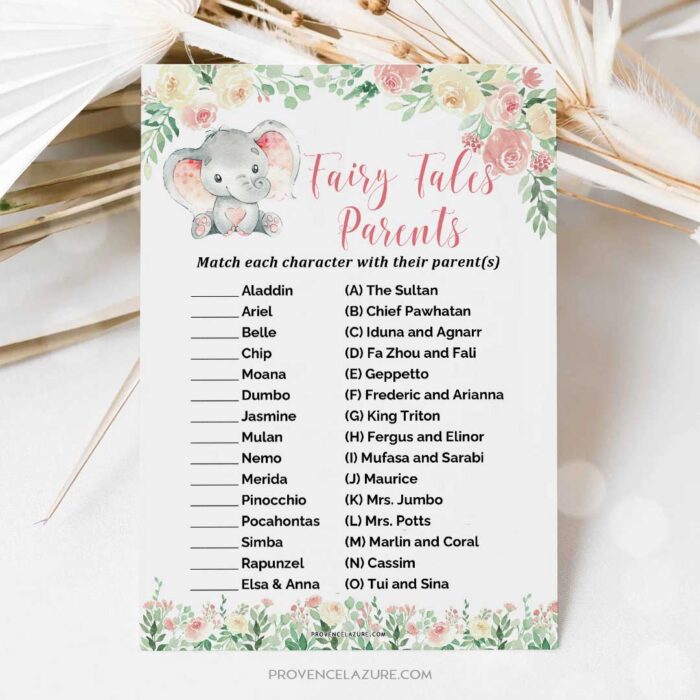 Girl Elephant Baby Shower Game Fairy Tales Parents Match