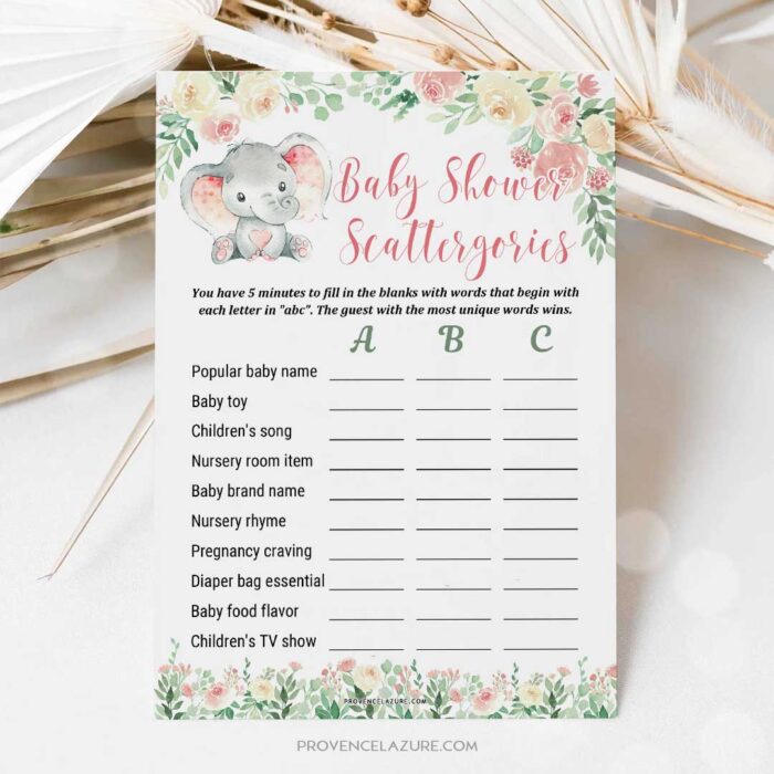 Girl Elephant Baby Shower Game Scattergories