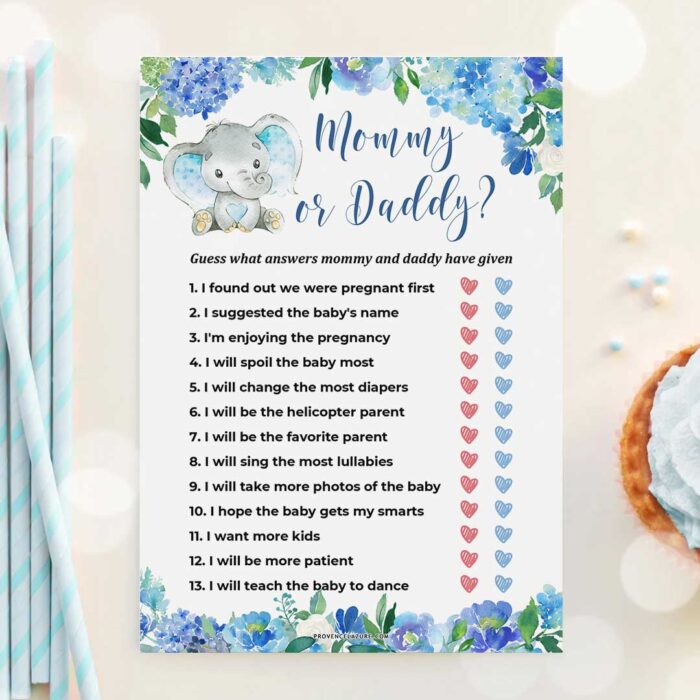 Boy Elephant Baby Shower Game Mommy or Daddy Printable