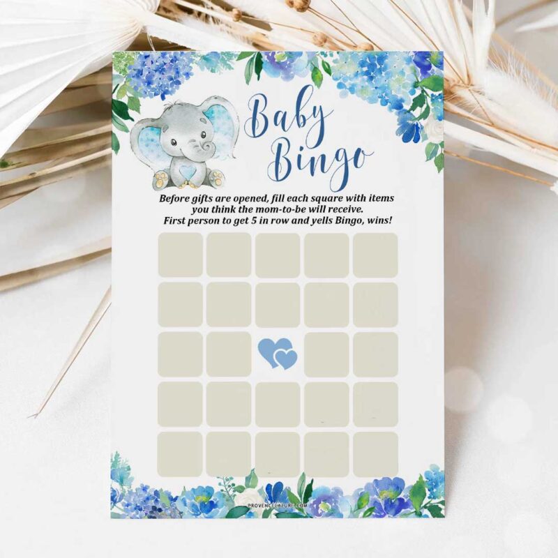 Boy Elephant Baby Shower Game Bingo Printable