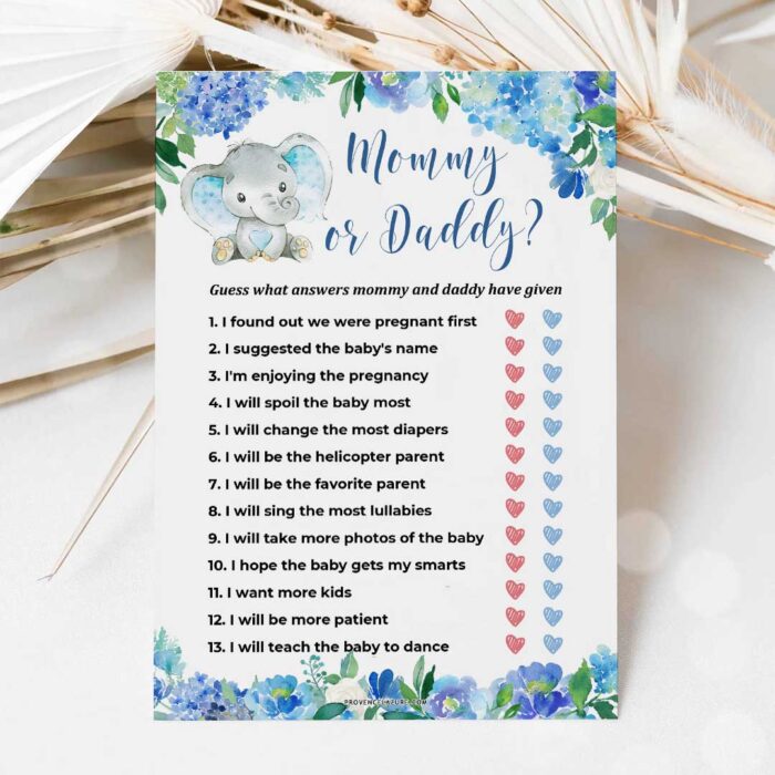 Boy Elephant Baby Shower Game Mommy or Daddy Printable