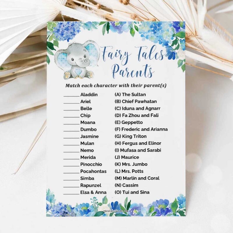 Boy Elephant Baby Shower Game Fairy Tales Parents Match