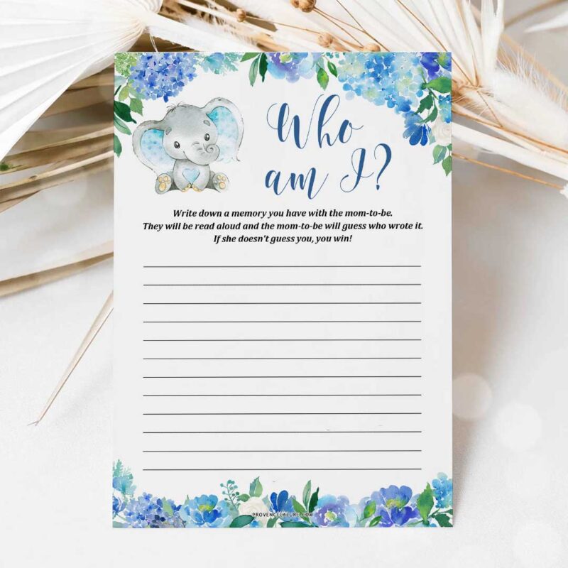 Boy Elephant Baby Shower Game Who Am I Printable