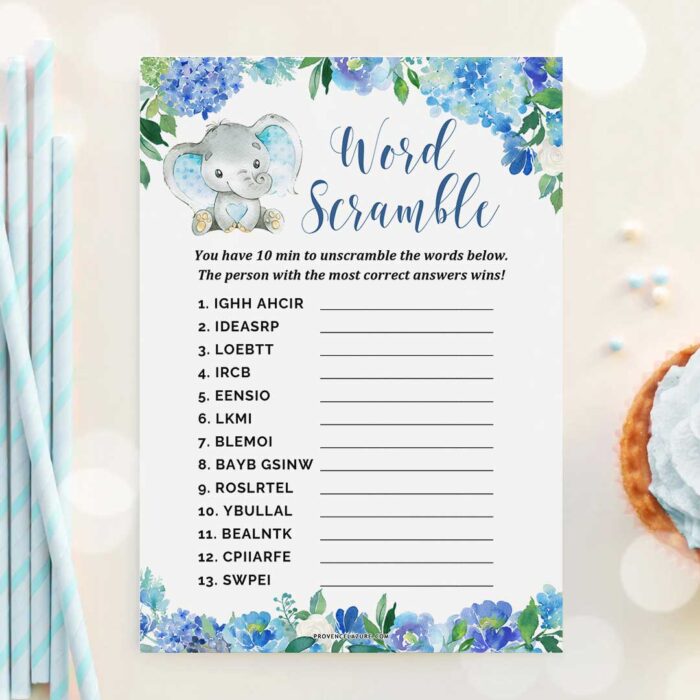 Boy Elephant Baby Shower Game Word Scramble Printable