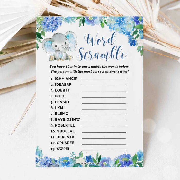 Boy Elephant Baby Shower Game Word Scramble Printable